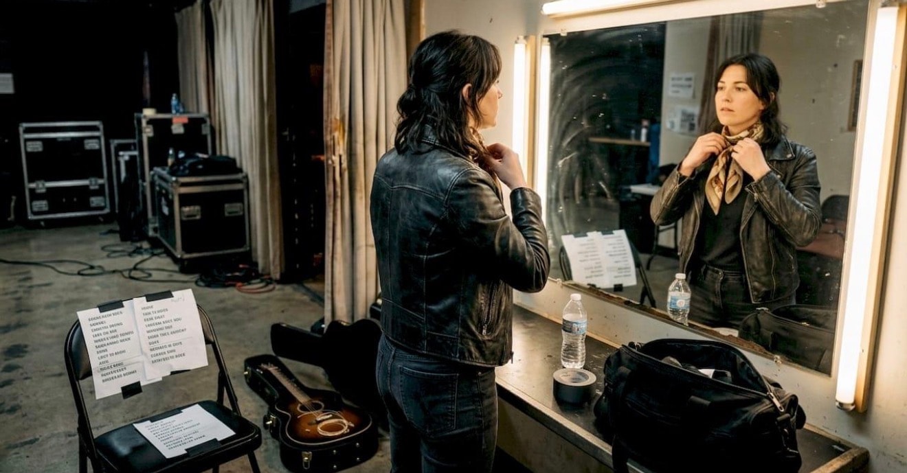Artist preparing in a dressing room mirror beside a set list and guitar