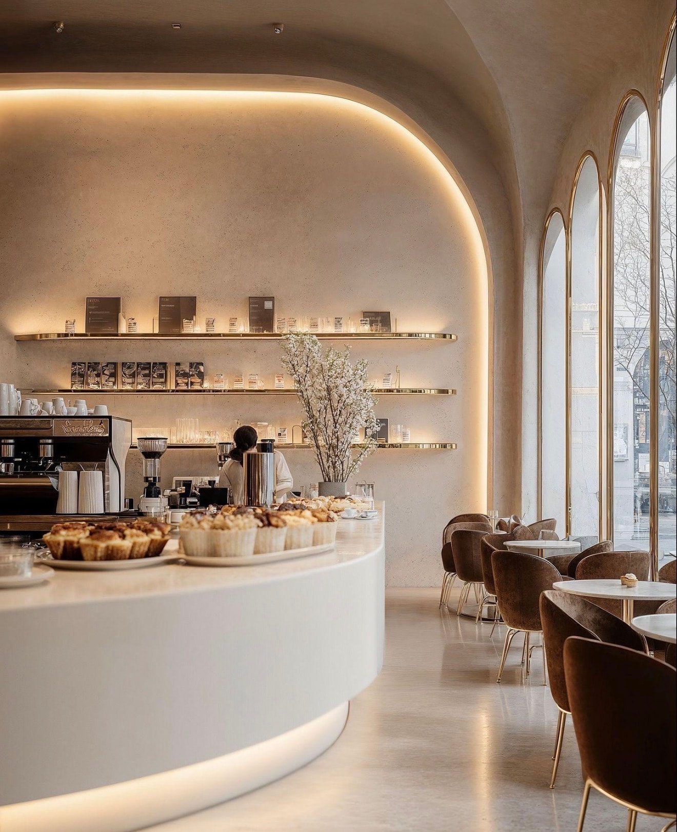 Architectural coffee shop interior with a curved counter and arched windows