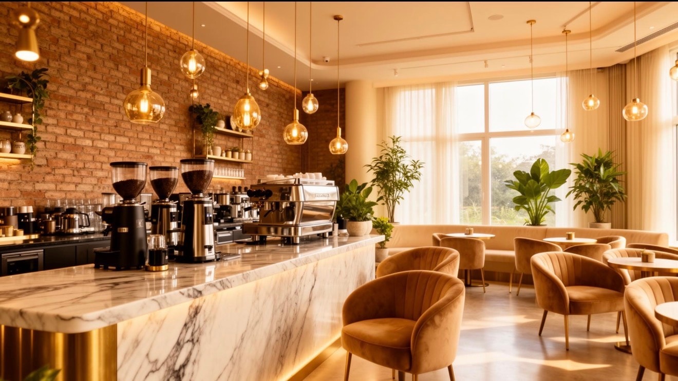 Editorial lifestyle moment of someone enjoying coffee in a refined café